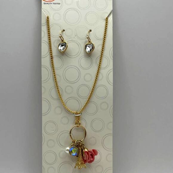 Wonder Nation Eiffel Tower & Pink Flower Pendant w/ Heart Drop Earrings Set NEW - Picture 1 of 12